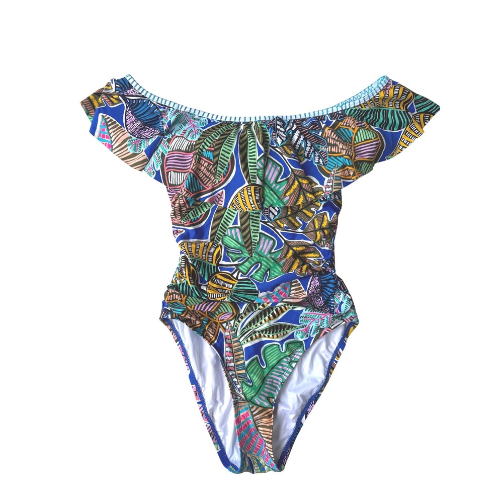 La Blanca One-Piece Swimsuit Womens 4 Multi NWT Neon Ruffle Tropical LB4BF11